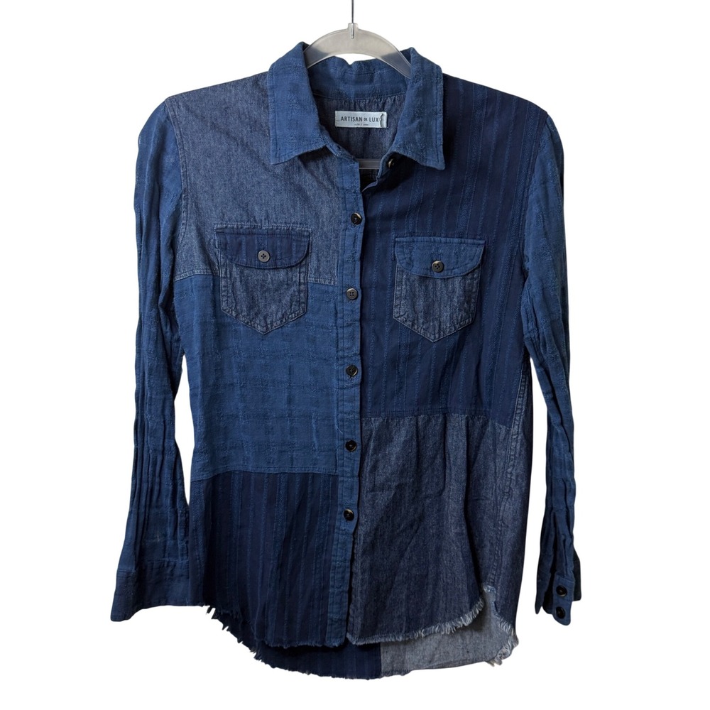 Artisan de Luxe Blue Patchwork Denim Button Up Shirt Western Mixed‎ Media Raw XS